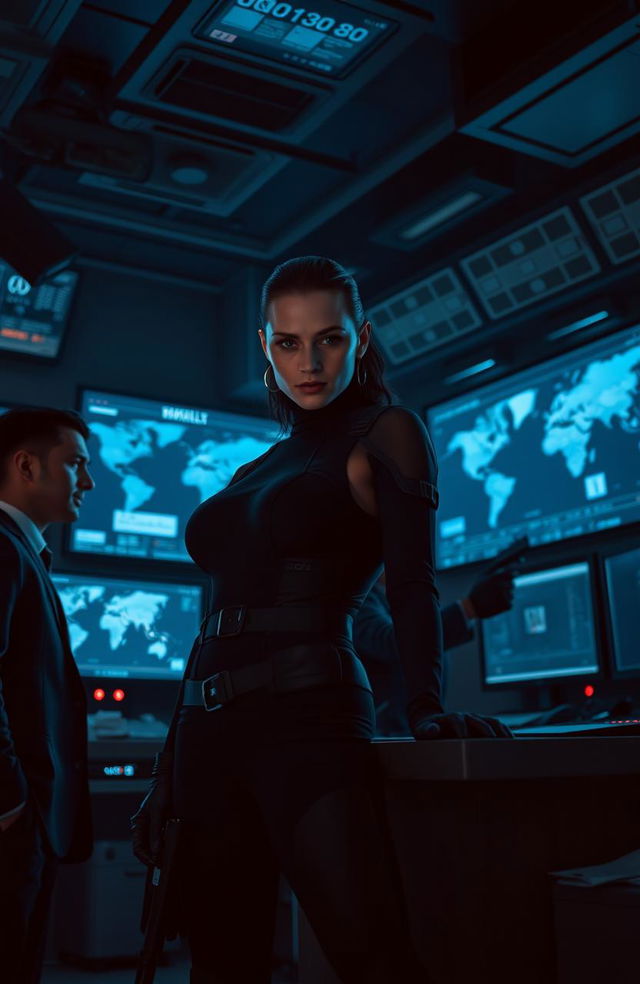 A thrilling scene featuring a female spy who is the killer, dressed in a sleek black tactical outfit, with sharp features and intense eyes, standing confidently in a dimly lit, high-tech control room filled with digital screens and security monitors