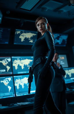 A thrilling scene featuring a female spy who is the killer, dressed in a sleek black tactical outfit, with sharp features and intense eyes, standing confidently in a dimly lit, high-tech control room filled with digital screens and security monitors