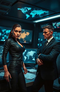 A thrilling scene featuring a female spy who is the killer, dressed in a sleek black tactical outfit, with sharp features and intense eyes, standing confidently in a dimly lit, high-tech control room filled with digital screens and security monitors