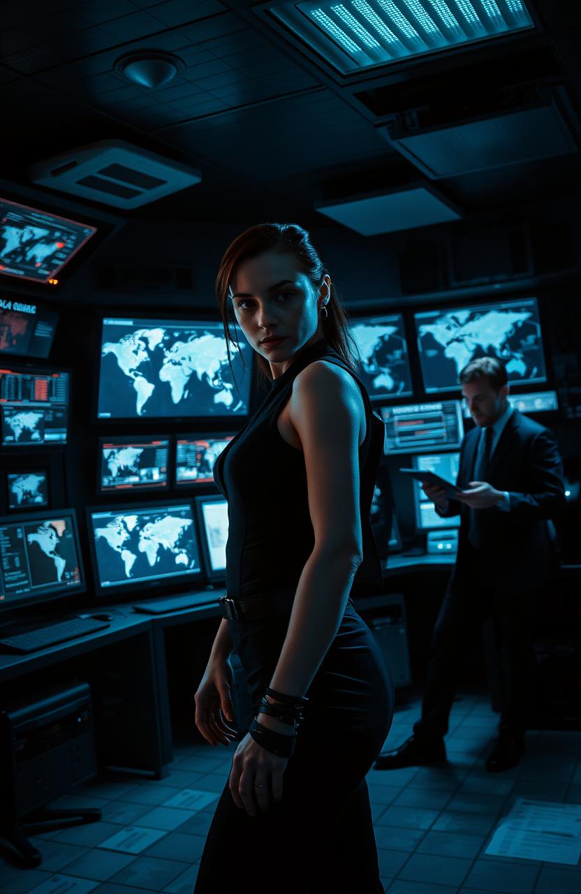 A thrilling scene featuring a female spy who is the killer, dressed in a sleek black tactical outfit, with sharp features and intense eyes, standing confidently in a dimly lit, high-tech control room filled with digital screens and security monitors