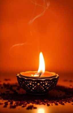 A beautifully designed DIYA (traditional Indian oil lamp) glowing softly, with a background rich saffron color that enhances its glow