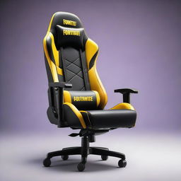 A 32K resolution editorial photograph of a gaming chair, designed with stunning Fortnite graphics emblazoned across it