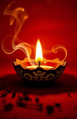 A beautifully designed DIYA (traditional Indian oil lamp) glowing softly, with a background rich saffron color that enhances its glow