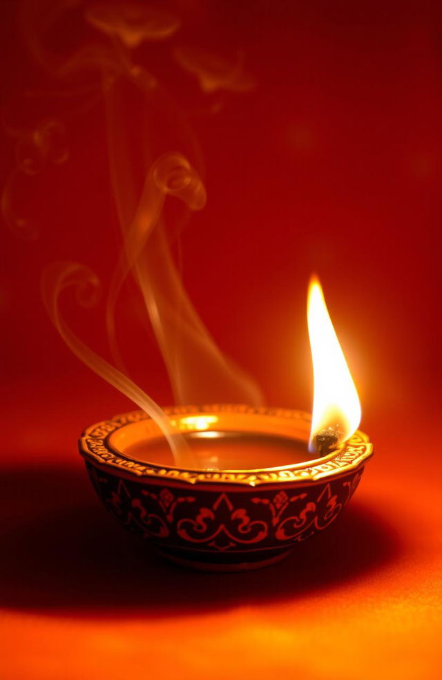 A beautifully designed DIYA (traditional Indian oil lamp) glowing softly, with a background rich saffron color that enhances its glow