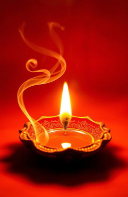 A beautifully designed DIYA (traditional Indian oil lamp) glowing softly, with a background rich saffron color that enhances its glow