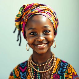 A striking portrait of a beautiful Black girl with radiant skin, wearing a vibrant, colorful headwrap