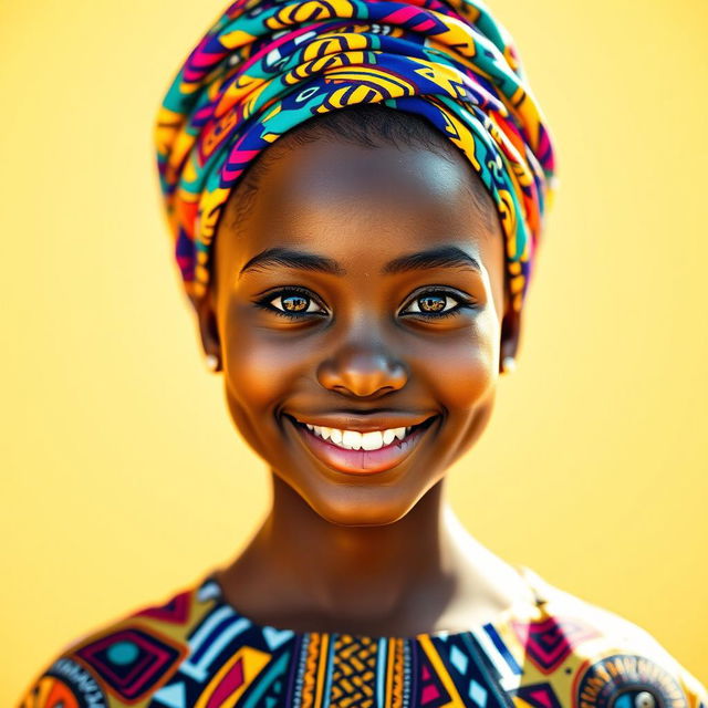 A striking portrait of a beautiful Black girl with radiant skin, wearing a vibrant, colorful headwrap