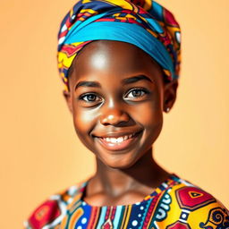 A striking portrait of a beautiful Black girl with radiant skin, wearing a vibrant, colorful headwrap