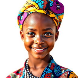 A striking portrait of a beautiful Black girl with radiant skin, wearing a vibrant, colorful headwrap