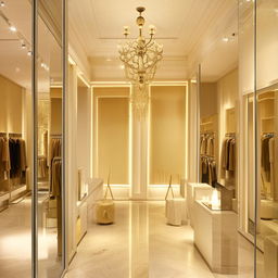 Interior of a boutique shop, meticulously designed with chic decor, elegant clothing displays, plush fitting rooms, and stylish lighting fixtures.