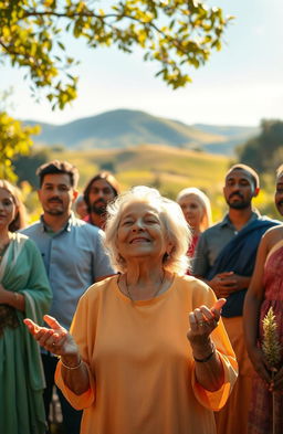 A serene setting for a prophetic prayer, featuring a diverse group of people standing together in a lush green garden under golden sunlight
