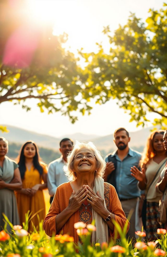 A serene setting for a prophetic prayer, featuring a diverse group of people standing together in a lush green garden under golden sunlight