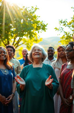 A serene setting for a prophetic prayer, featuring a diverse group of people standing together in a lush green garden under golden sunlight
