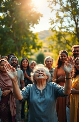 A serene setting for a prophetic prayer, featuring a diverse group of people standing together in a lush green garden under golden sunlight