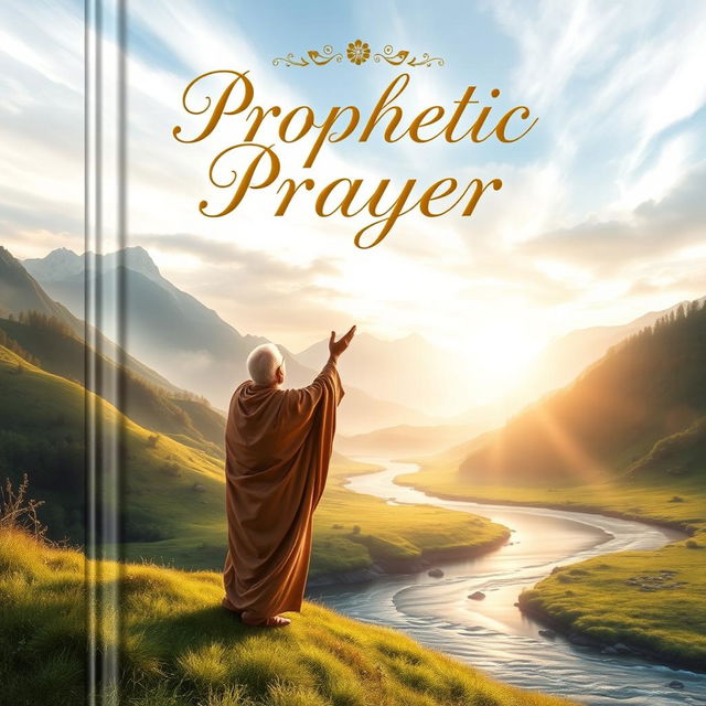 An inspiring book cover for a prophetic prayer, featuring a beautifully crafted design with a mystical landscape