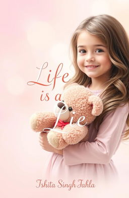 A serene background with soft pastel colors blending harmoniously, featuring a young girl with a gentle smile, holding a fluffy teddy bear