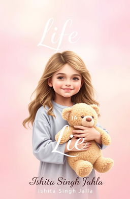 A serene background with soft pastel colors blending harmoniously, featuring a young girl with a gentle smile, holding a fluffy teddy bear