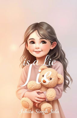 A serene background with soft pastel colors blending harmoniously, featuring a young girl with a gentle smile, holding a fluffy teddy bear