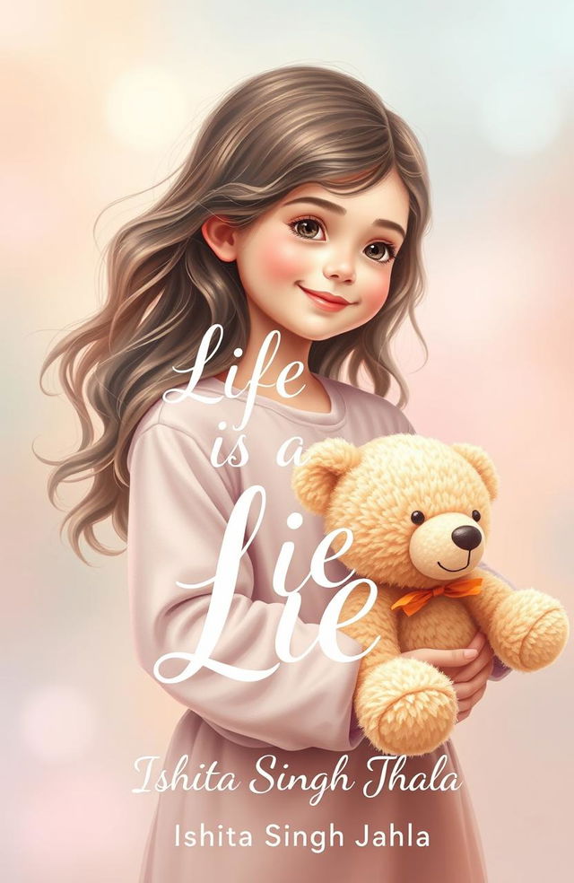 A serene background with soft pastel colors blending harmoniously, featuring a young girl with a gentle smile, holding a fluffy teddy bear