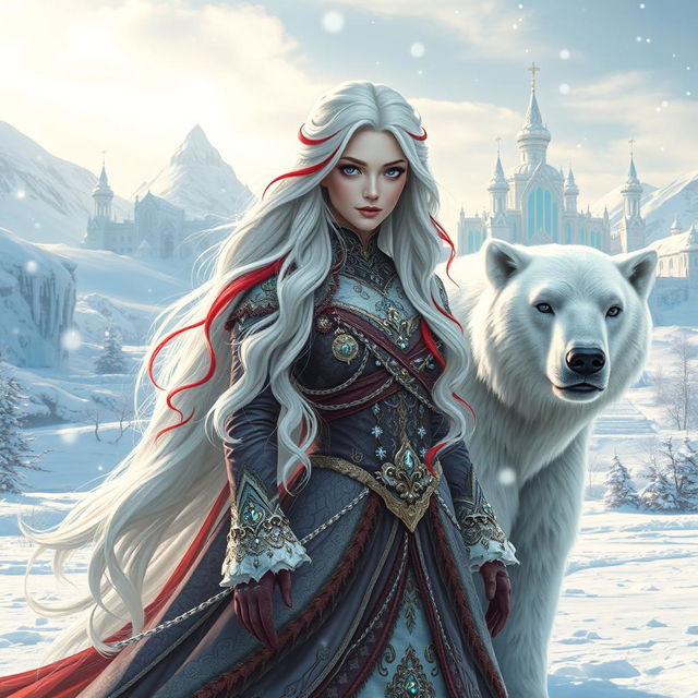 A stunning scene featuring a fantastic princess with long white hair highlighted with striking red streaks