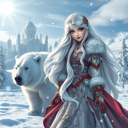 A stunning scene featuring a fantastic princess with long white hair highlighted with striking red streaks
