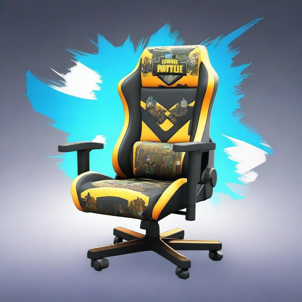 Generate an image of a gaming chair adorned with intricate Fortnite-themed illustrations.