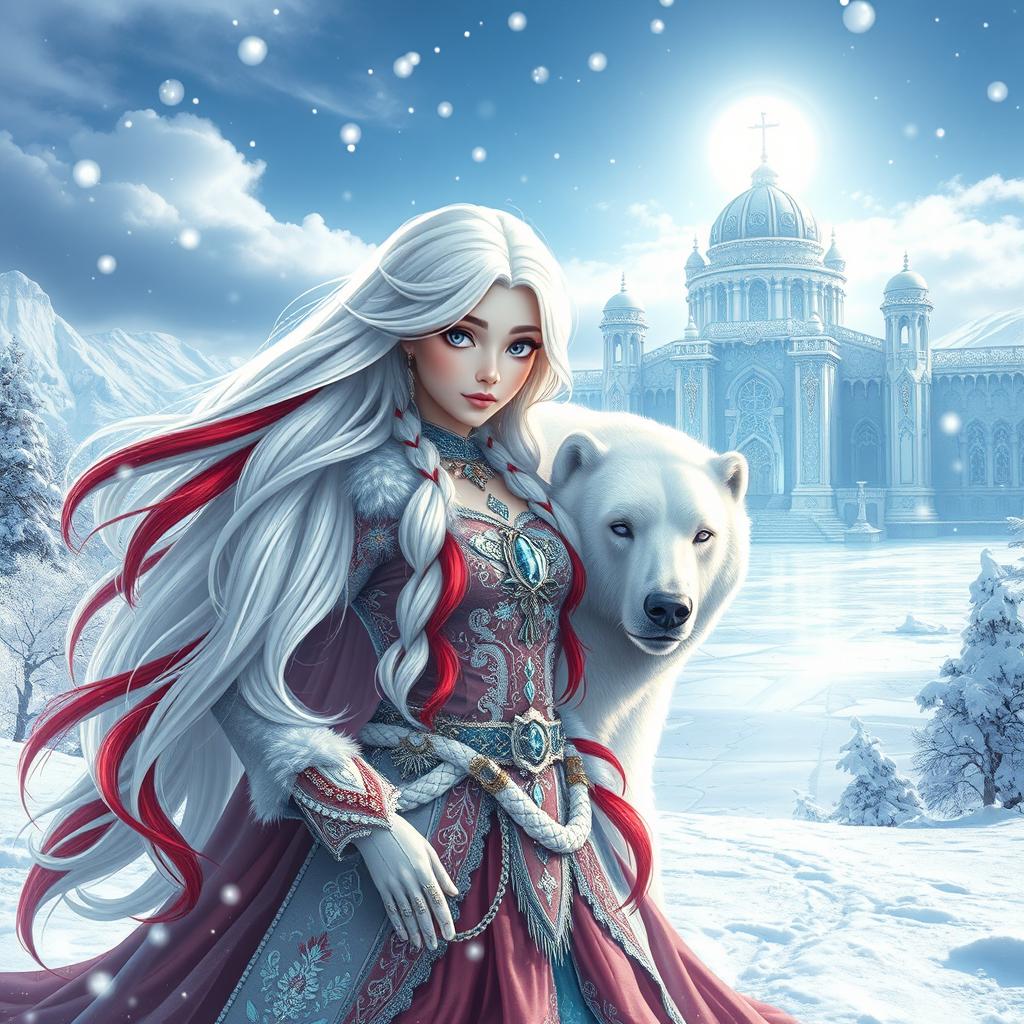 A stunning scene featuring a fantastic princess with long white hair highlighted with striking red streaks