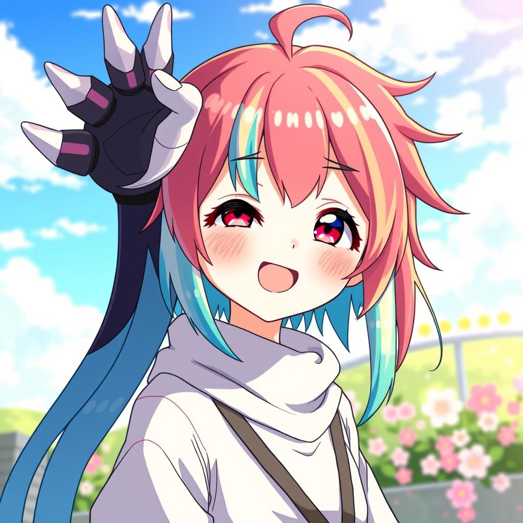 A cheerful anime character smiling brightly, with a futuristic claw-like hand raised behind their back