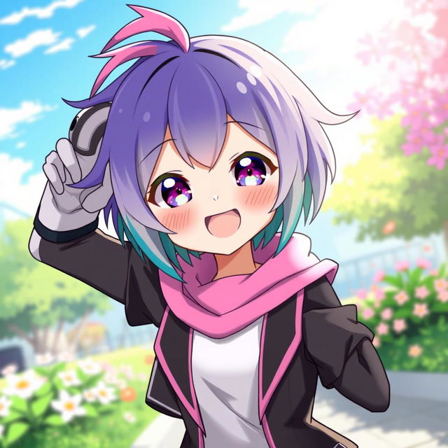 A cheerful anime character smiling brightly, with a futuristic claw-like hand raised behind their back