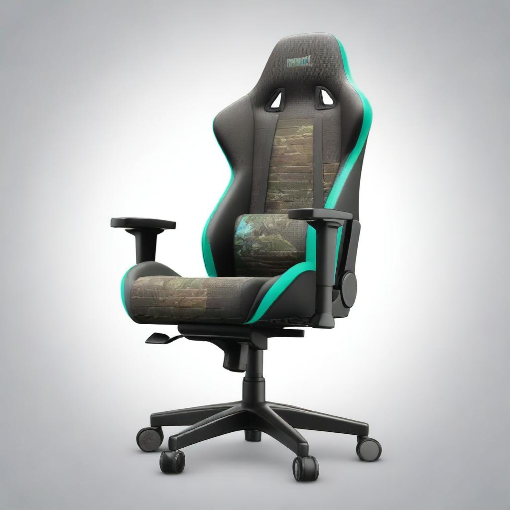 Generate an image of a gaming chair adorned with intricate Fortnite-themed illustrations.