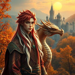 A captivating scene featuring a fantastic prince with striking red hair accented by white streaks flowing down to his shoulders