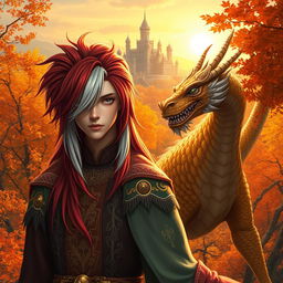 A captivating scene featuring a fantastic prince with striking red hair accented by white streaks flowing down to his shoulders