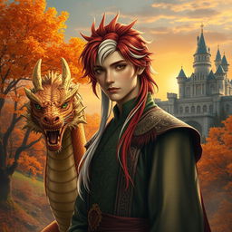 A captivating scene featuring a fantastic prince with striking red hair accented by white streaks flowing down to his shoulders