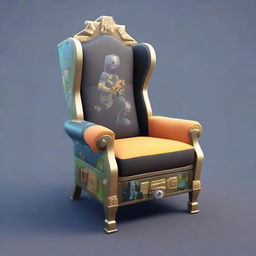 Generate an image of a gaming chair adorned with intricate Fortnite-themed illustrations.