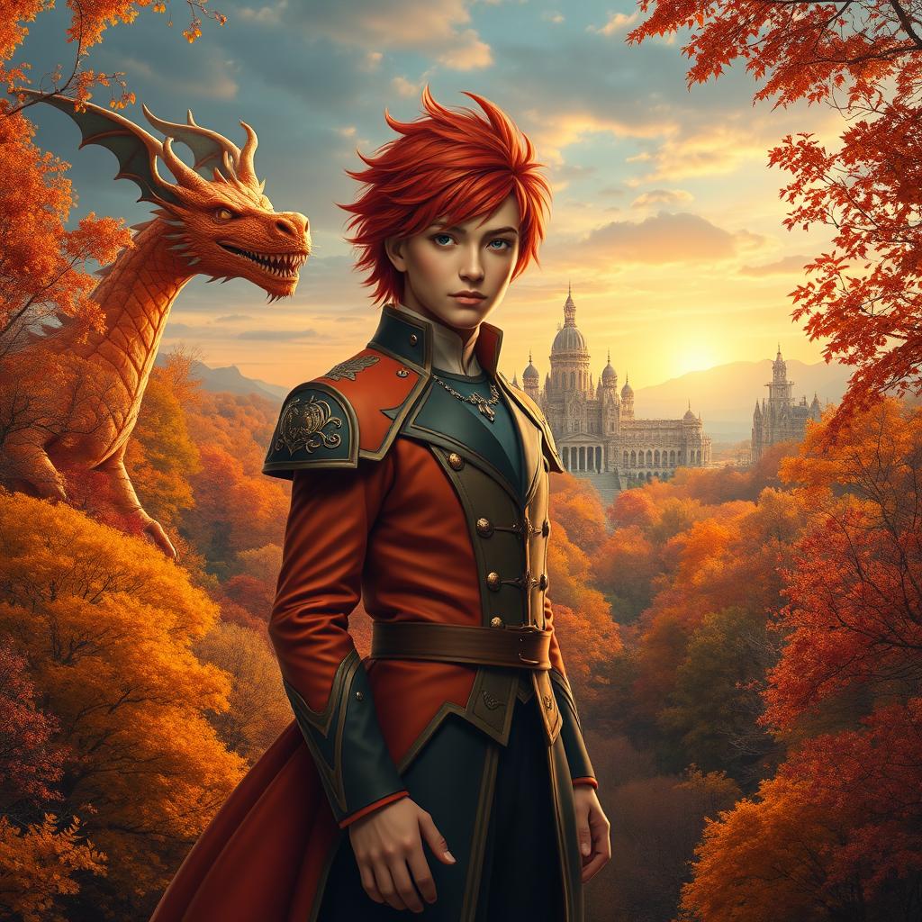 A mesmerizing scene featuring a fantastic prince with vibrant red hair, elegantly styled, standing confidently at the center of the image