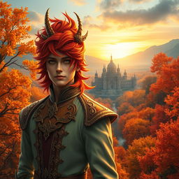 A mesmerizing scene featuring a fantastic prince with vibrant red hair, elegantly styled, standing confidently at the center of the image