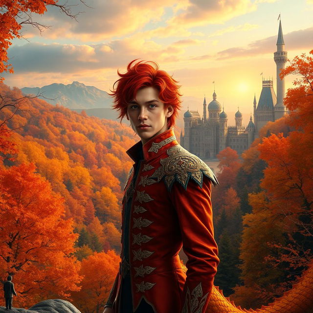 A mesmerizing scene featuring a fantastic prince with vibrant red hair, elegantly styled, standing confidently at the center of the image