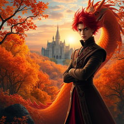A mesmerizing scene featuring a fantastic prince with vibrant red hair, elegantly styled, standing confidently at the center of the image