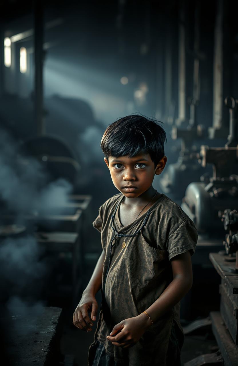 A powerful and thought-provoking image depicting the struggles of child labor in an industrial setting