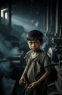 A powerful and thought-provoking image depicting the struggles of child labor in an industrial setting