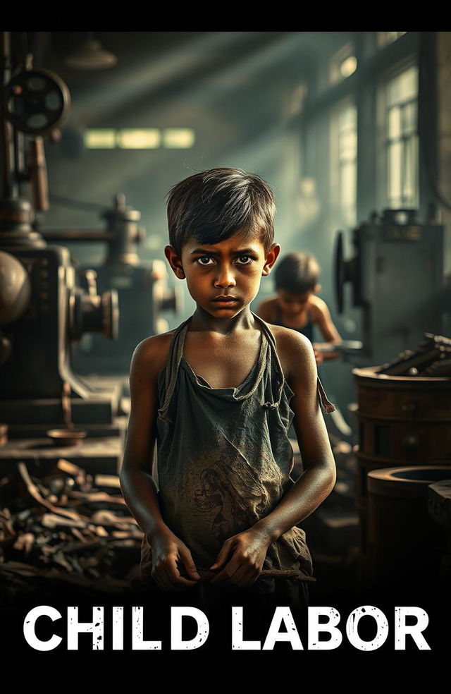 A powerful and thought-provoking image depicting the struggles of child labor in an industrial setting