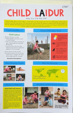 A detailed English ASL project presentation on child labour by Aditya, a 12th-grade student with roll number 2787