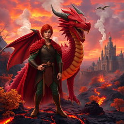 A striking scene featuring a fantastic prince with vibrant red hair, confidently standing next to a formidable dragon with scales in fiery shades of red and orange