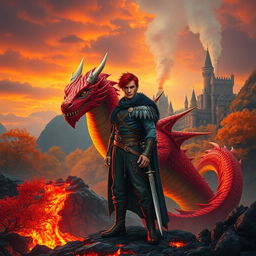 A striking scene featuring a fantastic prince with vibrant red hair, confidently standing next to a formidable dragon with scales in fiery shades of red and orange