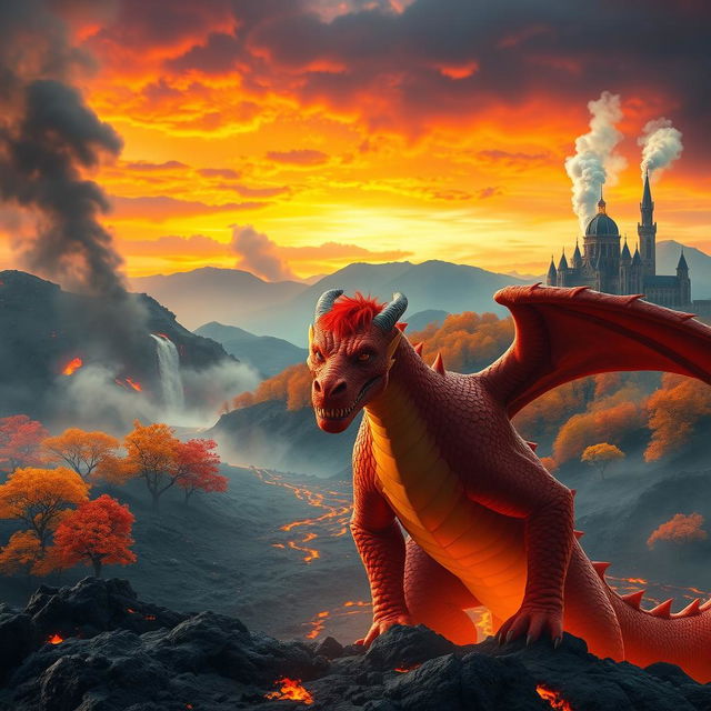 A striking scene featuring a fantastic prince with vibrant red hair, confidently standing next to a formidable dragon with scales in fiery shades of red and orange