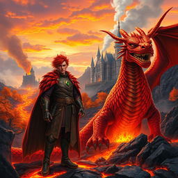 A striking scene featuring a fantastic prince with vibrant red hair, confidently standing next to a formidable dragon with scales in fiery shades of red and orange