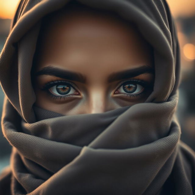 A woman wearing a hijab with only her two eyes visible