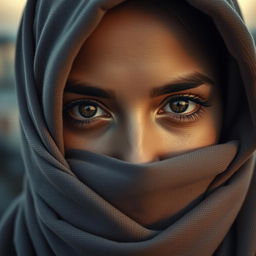 A woman wearing a hijab with only her two eyes visible