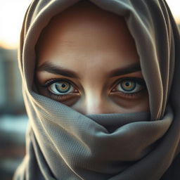 A woman wearing a hijab with only her two eyes visible