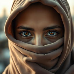 A woman wearing a hijab with only her two eyes visible